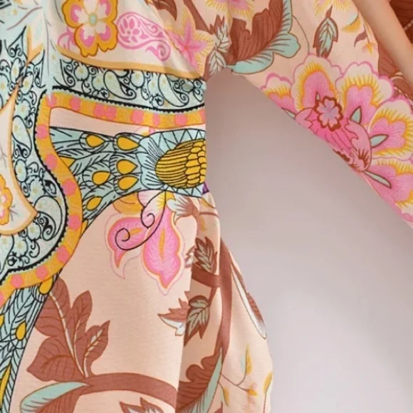 Beige Boho Multi Color Floral Peacock Short Kimono - Picture 5 of 10